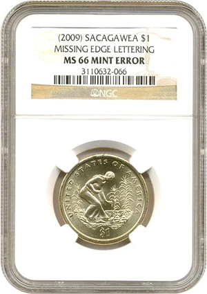 image for: Mint Error: 2009 Sac $1 NGC MS66 (Missing Edge Lettering)