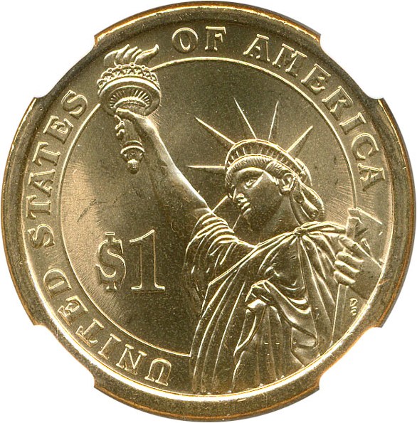 image for: Mint Error: 2009 $1 NGC MS66 (Harrison, Missing Edge Lettering)