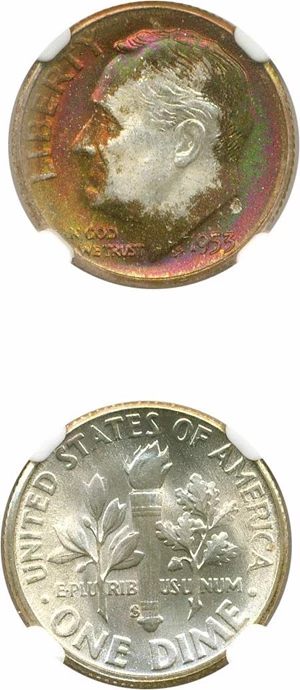 image for: 1953-S 10c NGC MS68 * Star/Color *