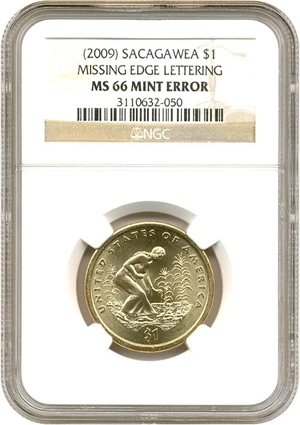 image for: Mint Error: 2009 Sac $1 NGC MS66 (Missing Edge Lettering)