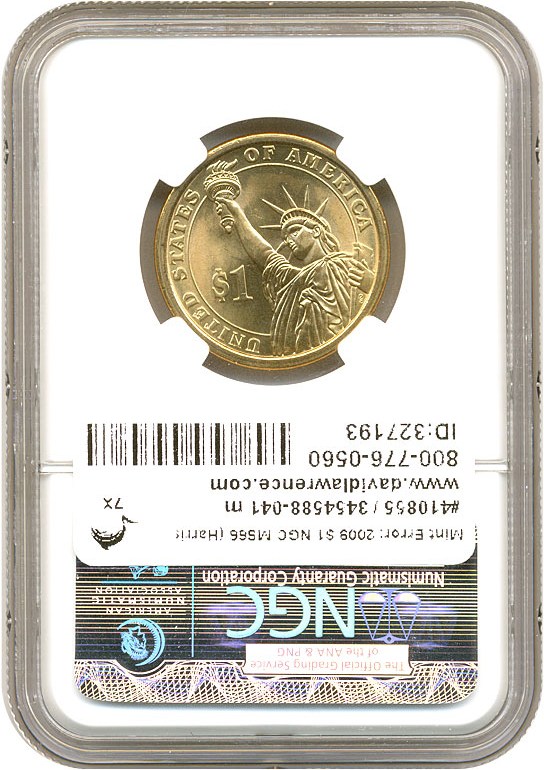 image for: Mint Error: 2009 $1 NGC MS66 (Harrison, Missing Edge Lettering)