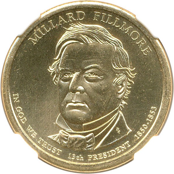 image for: Mint Error: 2010 $1 NGC MS66 (Fillmore, Missing Edge Lettering)