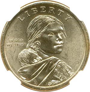image for: Mint Error: 2009 Sac $1 NGC MS65 (Missing Edge Lettering)