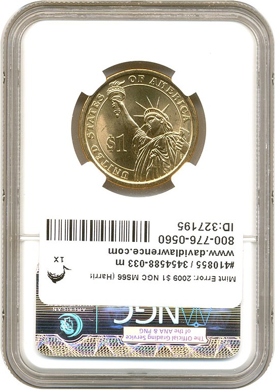 image for: Mint Error: 2009 $1 NGC MS66 (Harrison, Missing Edge Lettering)