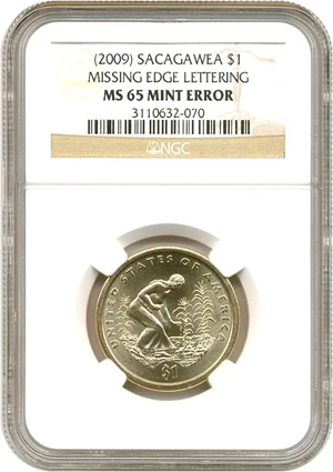 image for: Mint Error: 2009 Sac $1 NGC MS65 (Missing Edge Lettering)