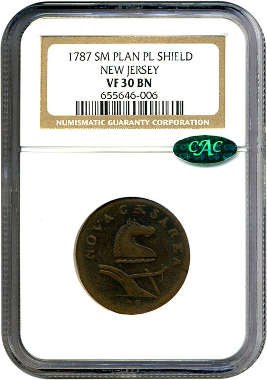 image for: 1787 New Jersey NGC/CAC VF30 (Small Planchet, Plain Shield)