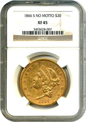 image for: 1866-S $20 NGC XF45 (No Motto)