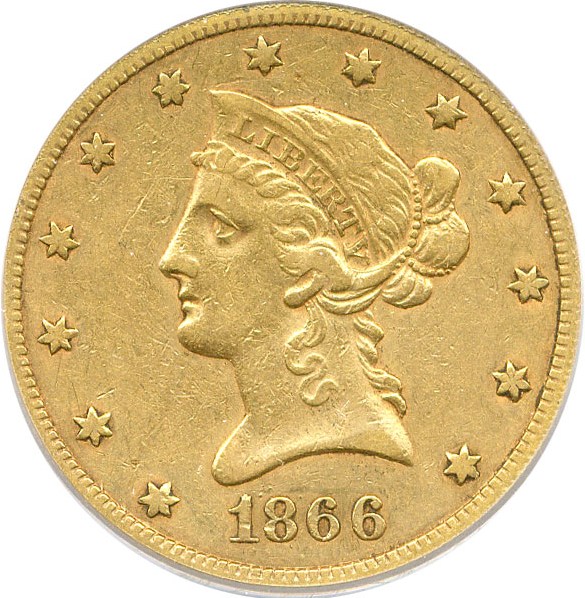 image for: 1866-S $10 PCGS XF40 (Motto) ex: Simpson/Hall