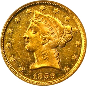image for: 1859-D $5 PCGS MS61 (Medium D)