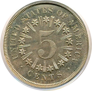 image for: 1867 5c PCGS/CAC Proof 64 (Rays)