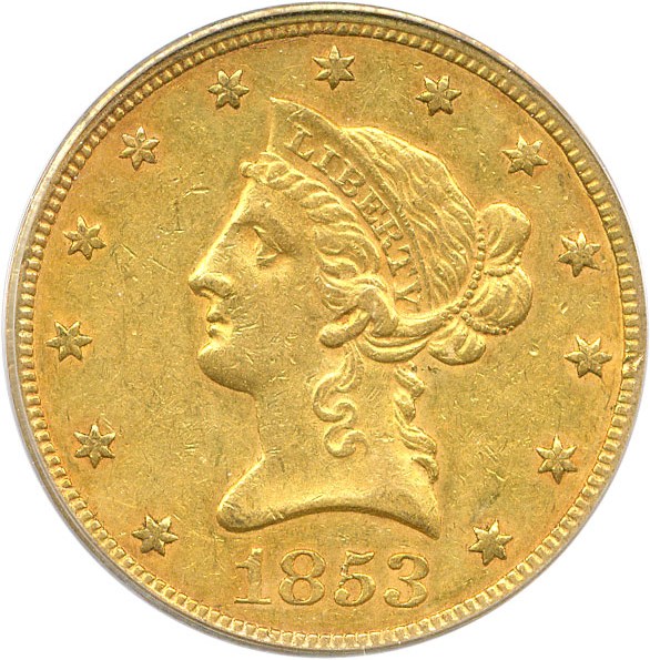 image for: 1853 $10 PCGS/CAC AU53