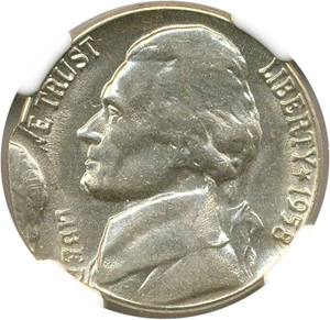 image for: Mint Error: 1958-D 5c NGC MS63 (Double Struck 2nd Strike 85% Off Center)