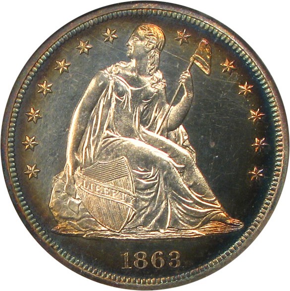 image for: 1863 $1 NGC Proof 63 Cameo * Color *