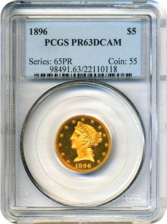 image for: 1896 $5 PCGS Proof 63 DCameo