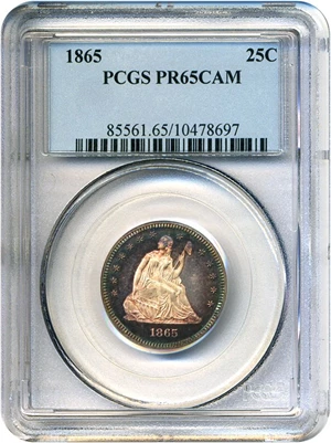 image for: 1865 25c PCGS Proof 65 Cameo * Color *