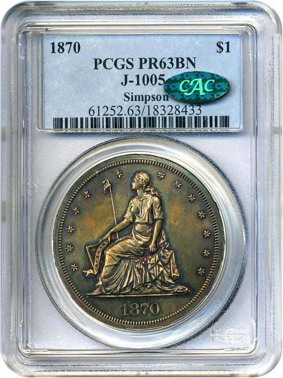 image for: 1870 $1 PCGS/CAC Proof 63 BN (Judd-1005) ex: Simpson