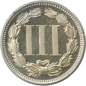 image for: 1865 3cN PCGS/CAC Proof 65 OGH * Gold CAC *