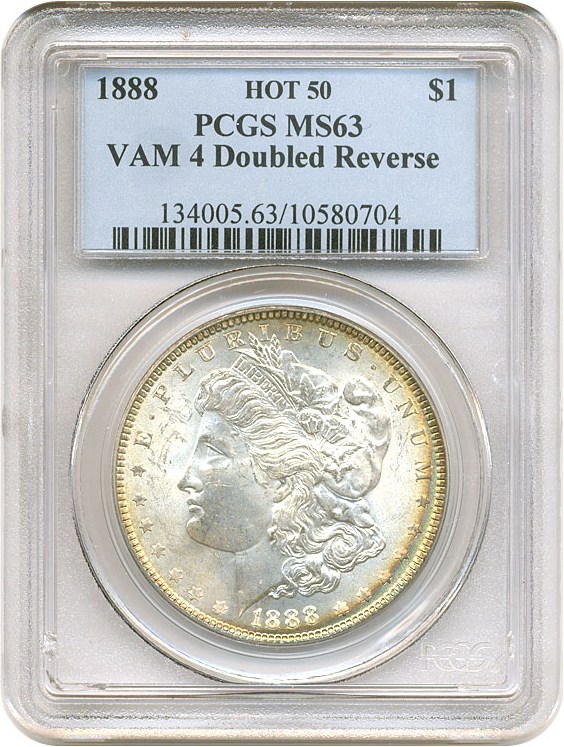 image for: Top 100 VAM: 1888 $1 PCGS MS63 (VAM-4, Doubled Reverse) * Color *