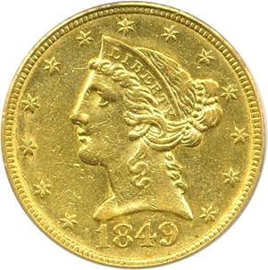 image for: 1849-C $5 PCGS AU55