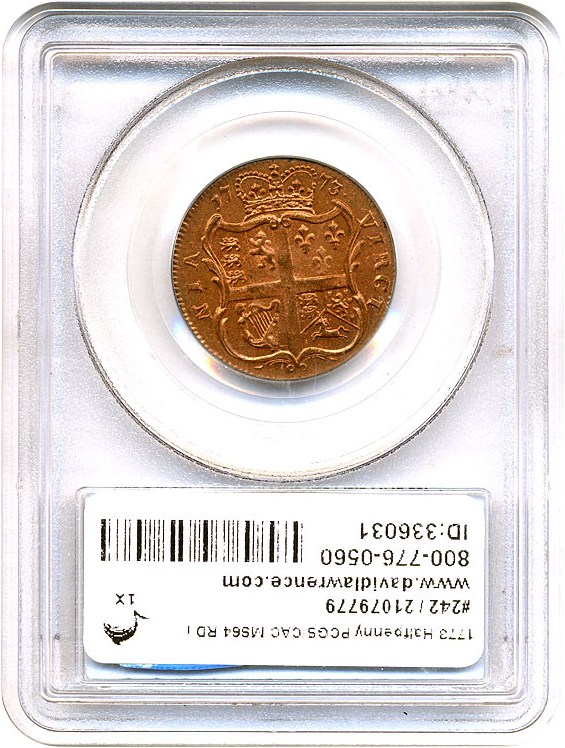 image for: 1773 Halfpenny PCGS/CAC MS64 RD (Virginia, With Period)