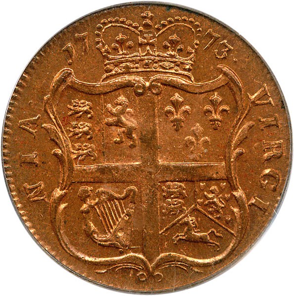 image for: 1773 Halfpenny PCGS/CAC MS64 RD (Virginia, With Period)