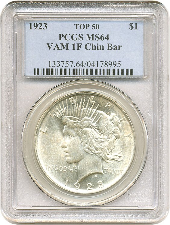 image for: Top 50 VAM: 1923 $1 PCGS MS64 (VAM 1F, Chin Bar)