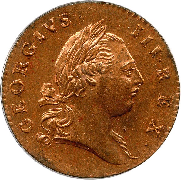 image for: 1773 Halfpenny PCGS/CAC MS64 RD (Virginia, With Period)
