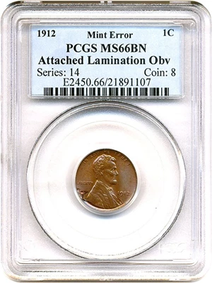 image for: Mint Error: 1912 1c PCGS MS66 BN (Attached Lamination Obv)