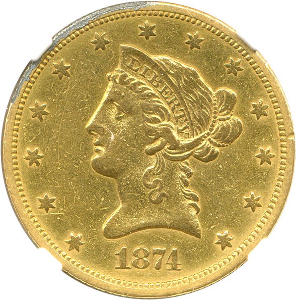 image for: 1874-S $10 NGC AU Details (Soldered, Cleaned)