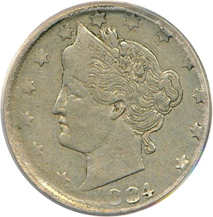 image for: Mint Error: 1884 5c PCGS XF45 (Struck on foreign Copper-Nickel Planchet, 42g)
