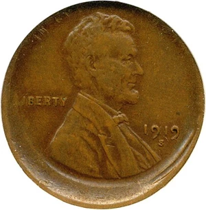 image for: Mint Error: 1919-S 1c NGC VF35 (Struck 10% Off Center @ 1:00)