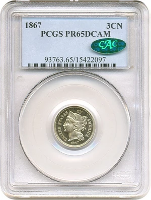 image for: 1867 3cN PCGS/CAC Proof 65 DCameo