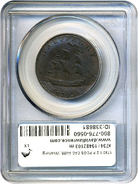 image for: 1793 Washington Ship 1/2 P PCGS/CAC AU55 (Lettered Edge)