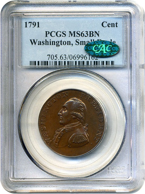 image for: 1791 Washington Cent PCGS/CAC MS63 BN (Small Eagle)