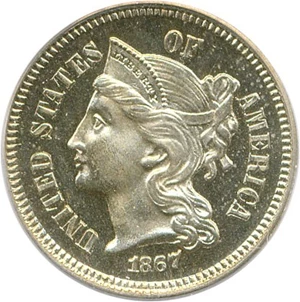 image for: 1867 3cN PCGS/CAC Proof 65 DCameo