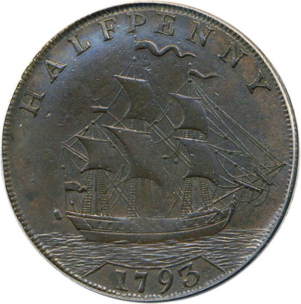 image for: 1793 Washington Ship 1/2 P PCGS/CAC AU55 (Lettered Edge)