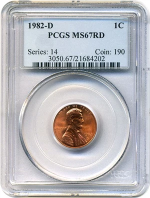 image for: 1982-D 1c PCGS MS67 RD (Zinc, Small Date)