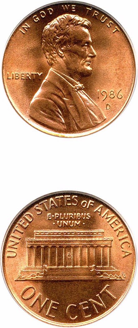 1986-D Cent, Business Strike, Red Surfaces, Greysheet Coin