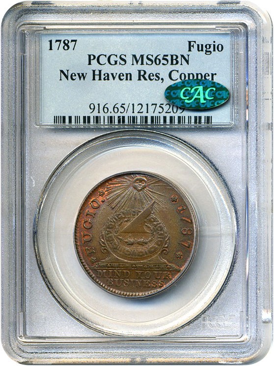 image for: 1787 Fugio PCGS/CAC MS65 BN (New Haven Restrike, Copper)