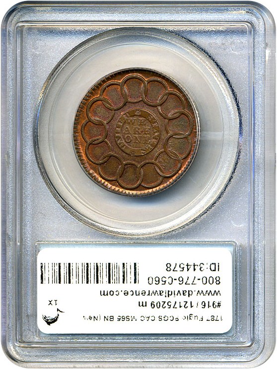 image for: 1787 Fugio PCGS/CAC MS65 BN (New Haven Restrike, Copper)
