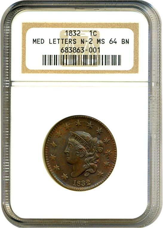 1832 1C Large Letters, BN (Regular Strike) Coronet Head Cent