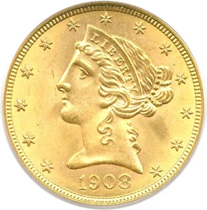 image for: 1908 $5 PCGS/CAC MS66 (Liberty)