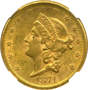 image for: 1874-S $20 NGC MS61