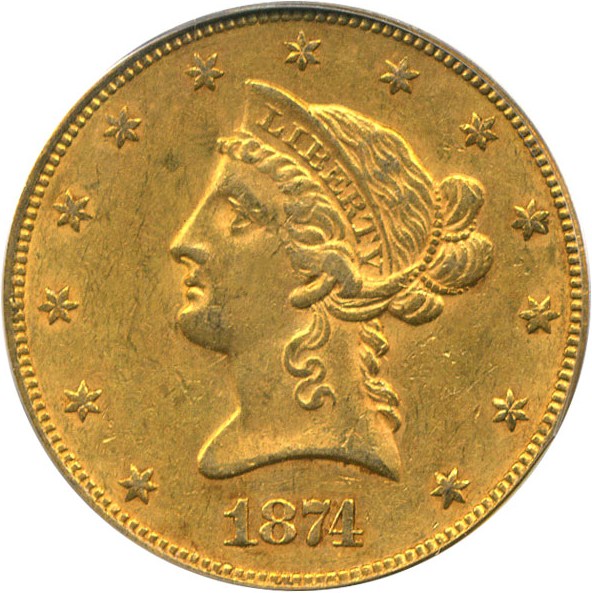 image for: 1874 $10 PCGS/CAC AU53 OGH