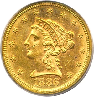 image for: 1886 $2 1/2 PCGS MS61 * Low Mintage of only 4000 coins struck *