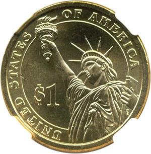 image for: Mint Error: 2007-P $1 NGC Brilliant Unc.(John Adams, Missing Edge Let.-Inverted)