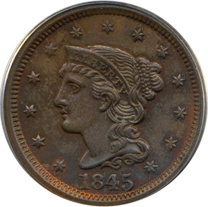 image for: 1845 1c PCGS/CAC MS64 BN (N-13) ex: Naftzger Collection