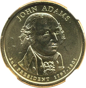 image for: Mint Error: 2007-P $1 NGC Brilliant Unc.(John Adams, Missing Edge Let.-Inverted)
