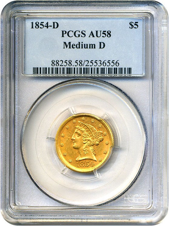 image for: 1854-D $5 PCGS AU58 (Medium D)