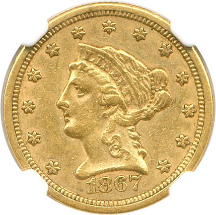 image for: 1867-S $2 1/2 NGC/CAC AU53